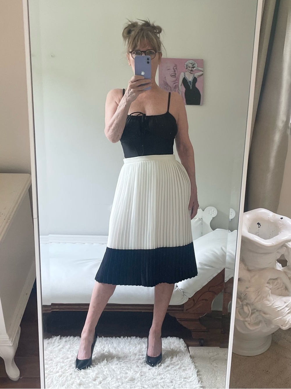 CREAM BLACK COLOUR BLOCK PLEATED SKIRT ZIPPER RACHEL ZOE